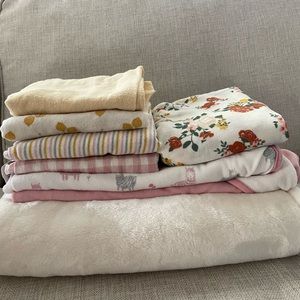 Baby blanket, swaddles, and towels